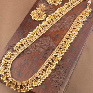Traditional Gold Plated Studded Long Pearl Necklace Set with Jhumki Earrings for Women