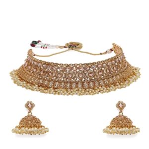 Traditional Gold Plated Rhinestone Studded Pearl Bridal Choker Necklace Set with Jhumki Earrings for Women