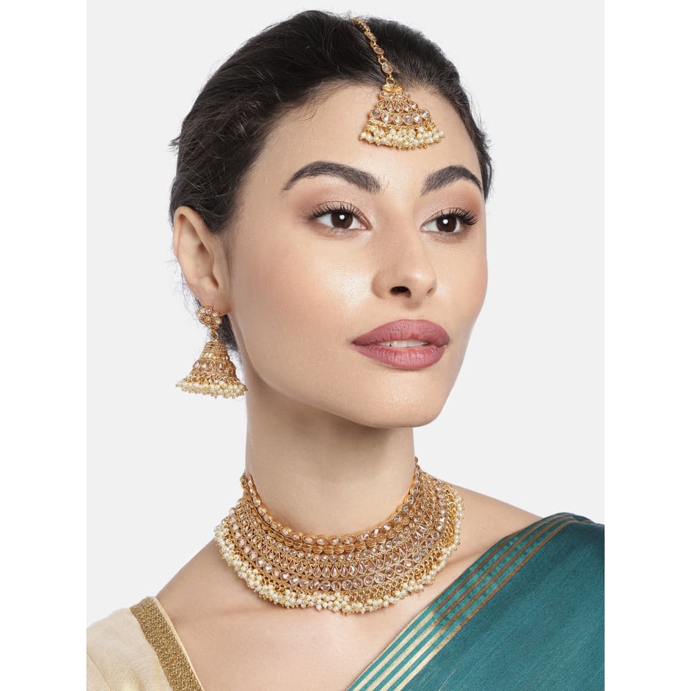 Traditional Studded Pearl Bridal Choker Necklace Set with