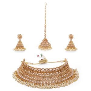 Traditional Gold Plated Studded Pearl Bridal Choker Necklace Set with Maang Tikka for Women