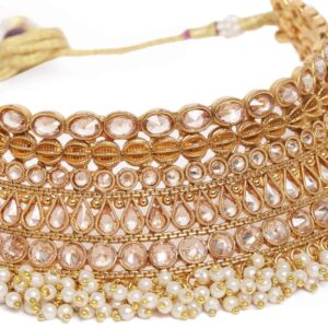 Traditional Gold Plated Studded Pearl Bridal Choker Necklace Set with Maang Tikka for Women