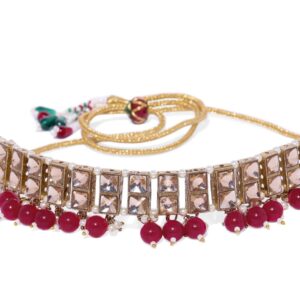 Traditional Gold Plated Studded Red Beads Drops Necklace Set with Chaandbali Style Earrings and Maang Tikka for Women