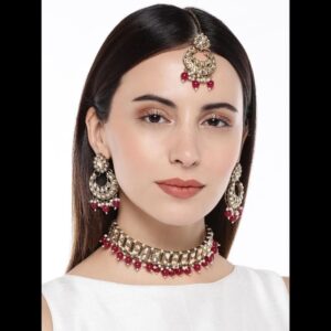 Traditional Gold Plated Studded Red Beads Drops Necklace Set with Chaandbali Style Earrings and Maang Tikka for Women