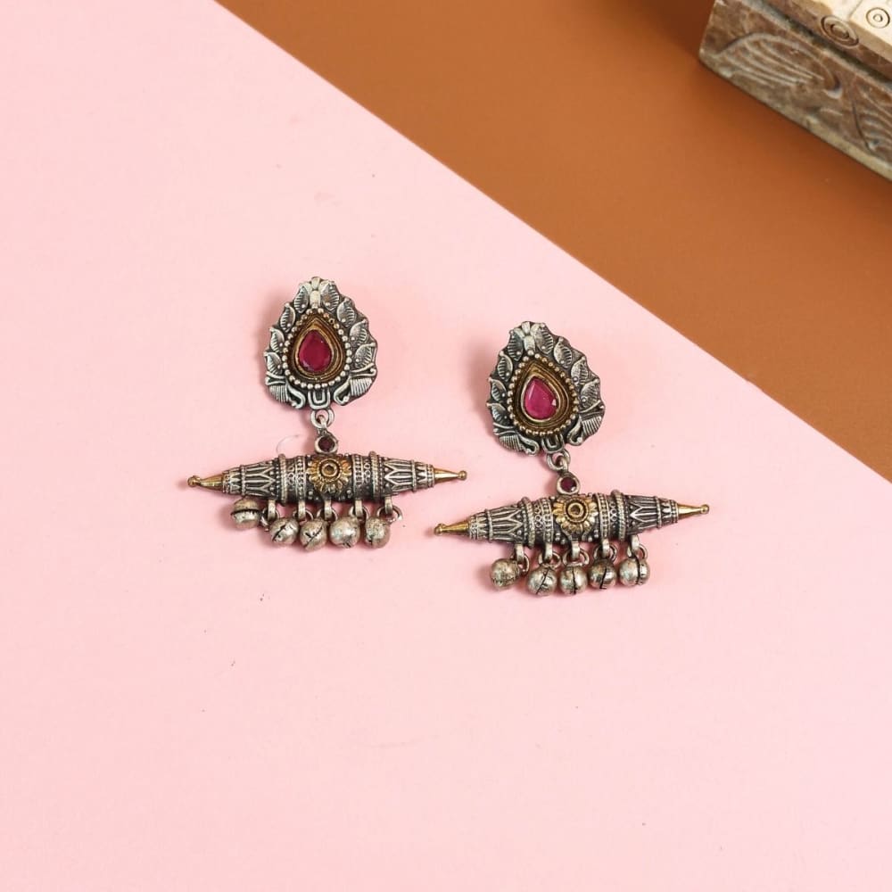 Two tone german silver Rajasthani tribal dangle earrings