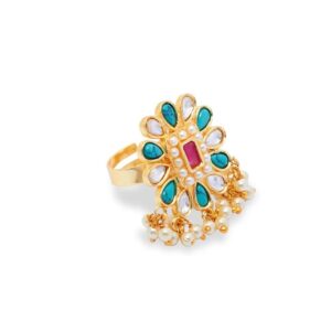 Turquoise Marble Stone with Pearl Drops Statement Finger Ring for Women