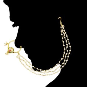 Vilandi Kundan Nose Ring with Multilayer Pearl Chain for Women