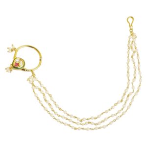 Vilandi Kundan Nose Ring with Multilayer Pearl Chain for Women