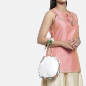 White & Green Embroidered Tasselled Potli Clutch for women
