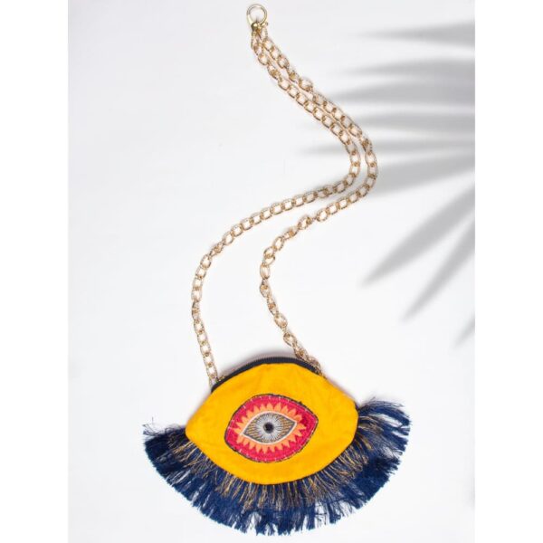 Yellow & Blue Embroidered Fringed Potli Clutch-