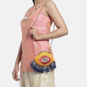 Yellow & Blue Embroidered Fringed Potli Clutch