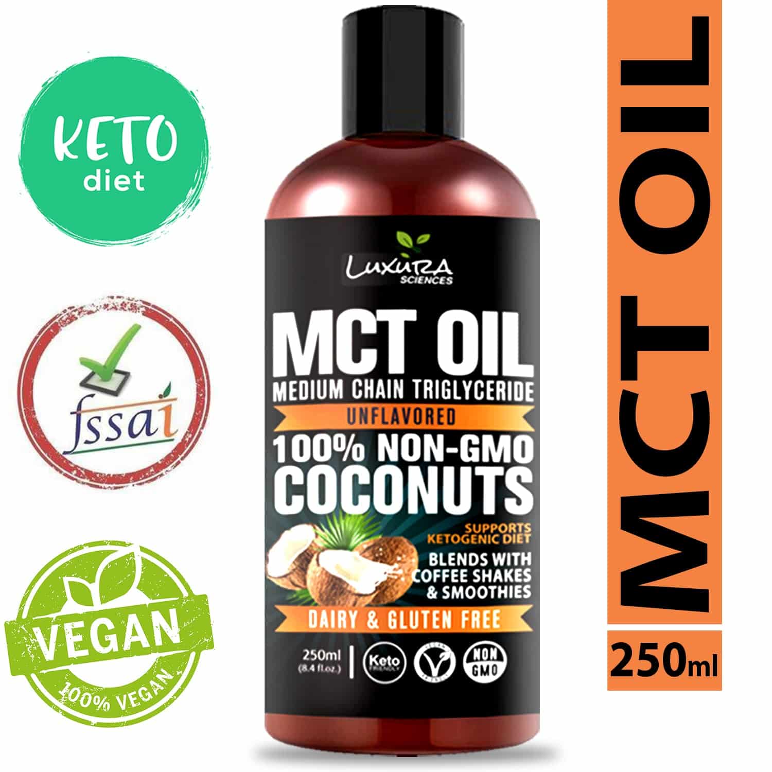 Luxura Sciences MCT Oil Organic 250 ml, MCT Keto Oil 100% Premium Grade A Oil Bottle.