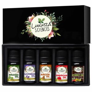 Organic Essential Oil Combo Pack of 5 Oils ;DAILY SCALP HEALTH Essential oil kit 5 * 15ml (Hibiscus Oil; Brahmi Oil; Argan Oil; Lavender Oil; Vitamin E Oil)