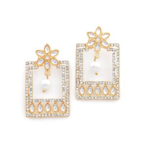 Gold Plated Kundan and Rhinestones Embellished Geometric Style Dangler Earrings for Women