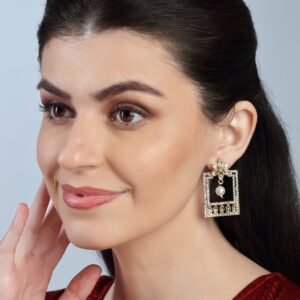 Gold Plated Kundan and Rhinestones Embellished Geometric Style Dangler Earrings for Women