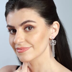 Statement Dangler Earrings with Sparkling Silver Rhinestones Studded Tassels for Women
