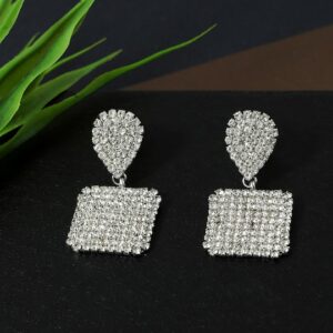 Women White Silver Plated Square Drop Earrings