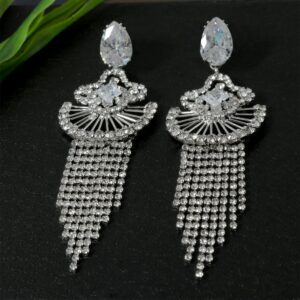 Silver Plated Statement Dangler Earrings with Shinning Rhinestones Studded Tassels for Women