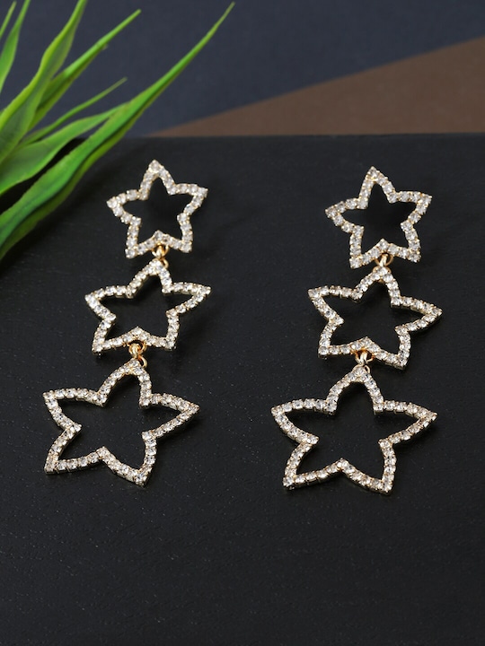 Gold Plated Rhinestones Studded Contemporary Style Dangle Earrings for Women