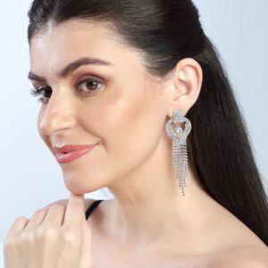 Statement Dangler Earrings with Silver Toned Rhinestones Studded Tassels for Women