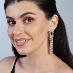 Rose Gold Toned Statement Dangler Earrings with Rhinestones Studded Tassels for Women