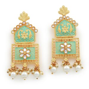 Ethnic Gold Plated Meenakari Embellished Pearl Statement Dangler Earrings for Women