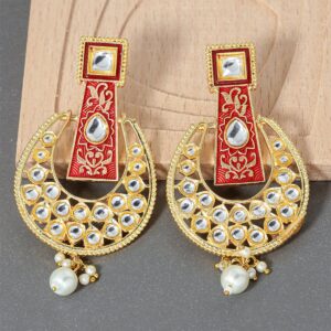 Ethnic Red Meenakari and Kundan Embellished Chandbali Style Dangler Earrings for Women
