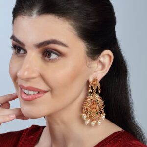 Ethnic Gold Plated Temple Jewellery Design Goddess Lakshmi Dangle Earrings for Women