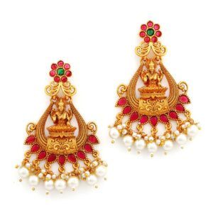 Matte Gold Plated Temple Inspired Ruby Emerald Embellished Goddess Lakshmi Earrings with Pearl Drops for Women