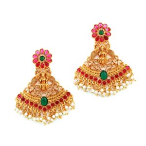 Matte Gold Plated Temple Inspired Ruby Emerald Embellished Goddess Lakshmi Earrings with Pearl Drops for Women