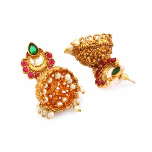 Temple Inspired Ruby Emerald Embellished Goddess Lakshmi Jhumki Earrings with Pearl Drops for Women