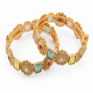 Gold Plated Rajwadi Style Multicolour Gemstones Embellished Kada/ Bangles Set of 2 for Women