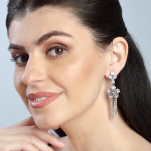 Silver Plated Sparkling Rhinestones Studded Floral Design Dangler Earrings for Women