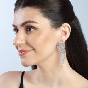 Statement Silver Plated Rhinestones Embedded Chandelier Earrings for Women