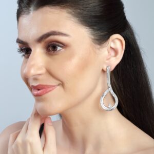 Silver Toned Flat Chain Dangler Earrings with Rhinestones Embedded for Women