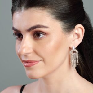 Gold Plated Statement Dangler Earrings with Rhinestones Studded Tassels for Women