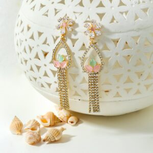 Gold Plated Rhinestones Studded Floral Design Dangler Earrings for Women