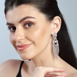 Statement Dangler Earrings with Silver Plated Stunning Rhinestones Studded Tassels for Women