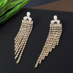 Delicate Dangler Earrings with Gold Toned Stunning Rhinestones Studded Tassels for Women