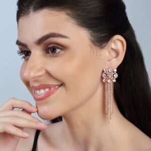 Statement Rhinestones Studded Rose Gold Toned Dangler Earrings with Beads Tassels for Women