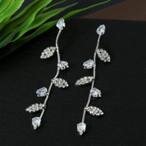 Delicate Silver Toned Rhinestones Studded Contemporary Dangle Drop Earrings for Women
