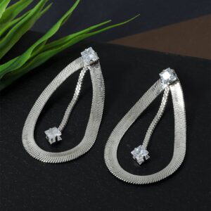 Silver Plated Flat Chain Statement Earrings with Rhinestones Studded for Women