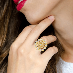 Gold Plated Kundand Studded Statement Floral Finger Ring for Women