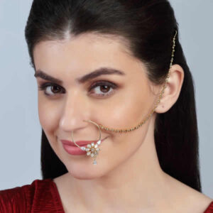 Traditional Gold Plated Delicate American Diamond Studded Floral Design Non Piercing Nose Ring with Beads Chain for Women