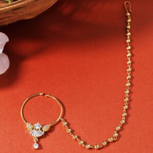 Gold Plated Dazzling American Diamond Embedded Delicate Non Piercing Nose Ring with Pearl Drop and Beads Chain for Women