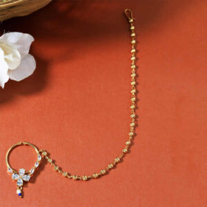Gold Plated Stunning American Diamond Embedded Non Piercing Nose Ring with Pearl Drops and Beads Chain for Women