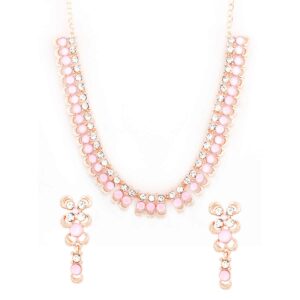 Rose Gold Plated Delicate Rhinestones Studded Pink Necklace & Earrings Set for Women