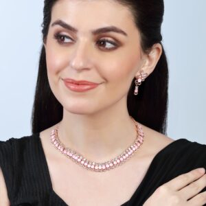 Rose Gold Plated Delicate Rhinestones Studded Pink Necklace & Earrings Set for Women