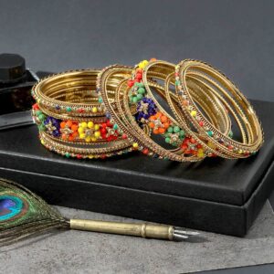 Ethnic Gold Plated Multicolour Beads Embellished Kada & Bangles Set of 6 for Women