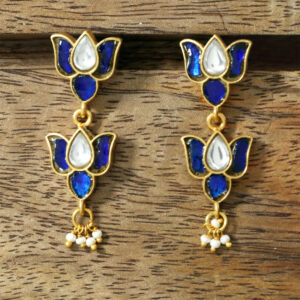 Gold Plated Meenakari and Kundan Embedded Lotus Design Dangle Earrings for Women