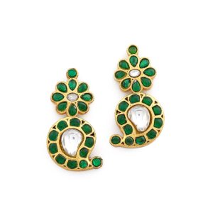Traditional Gold Plated Emerald and Kundan Studded Dangle Earrings for Women
